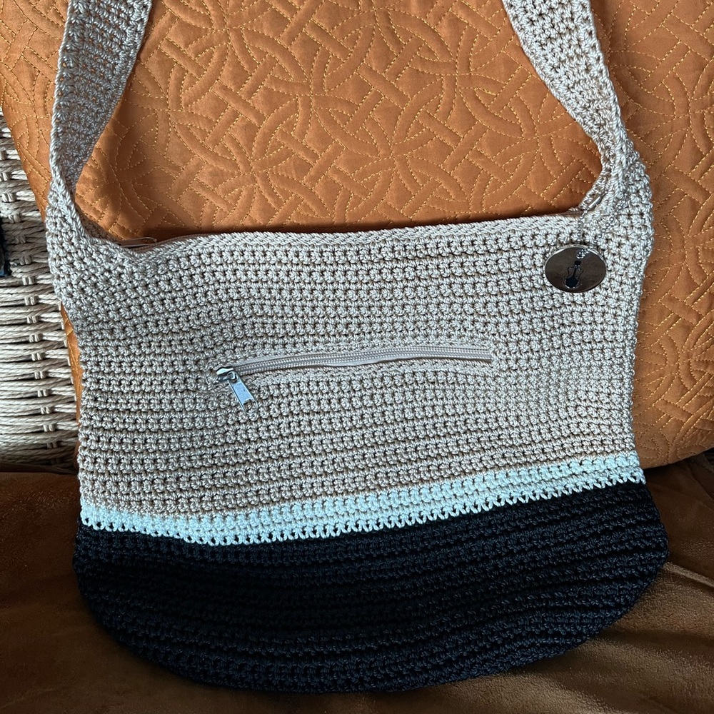 The Sak Crochet Crossbody Bag in Tan, White & Black